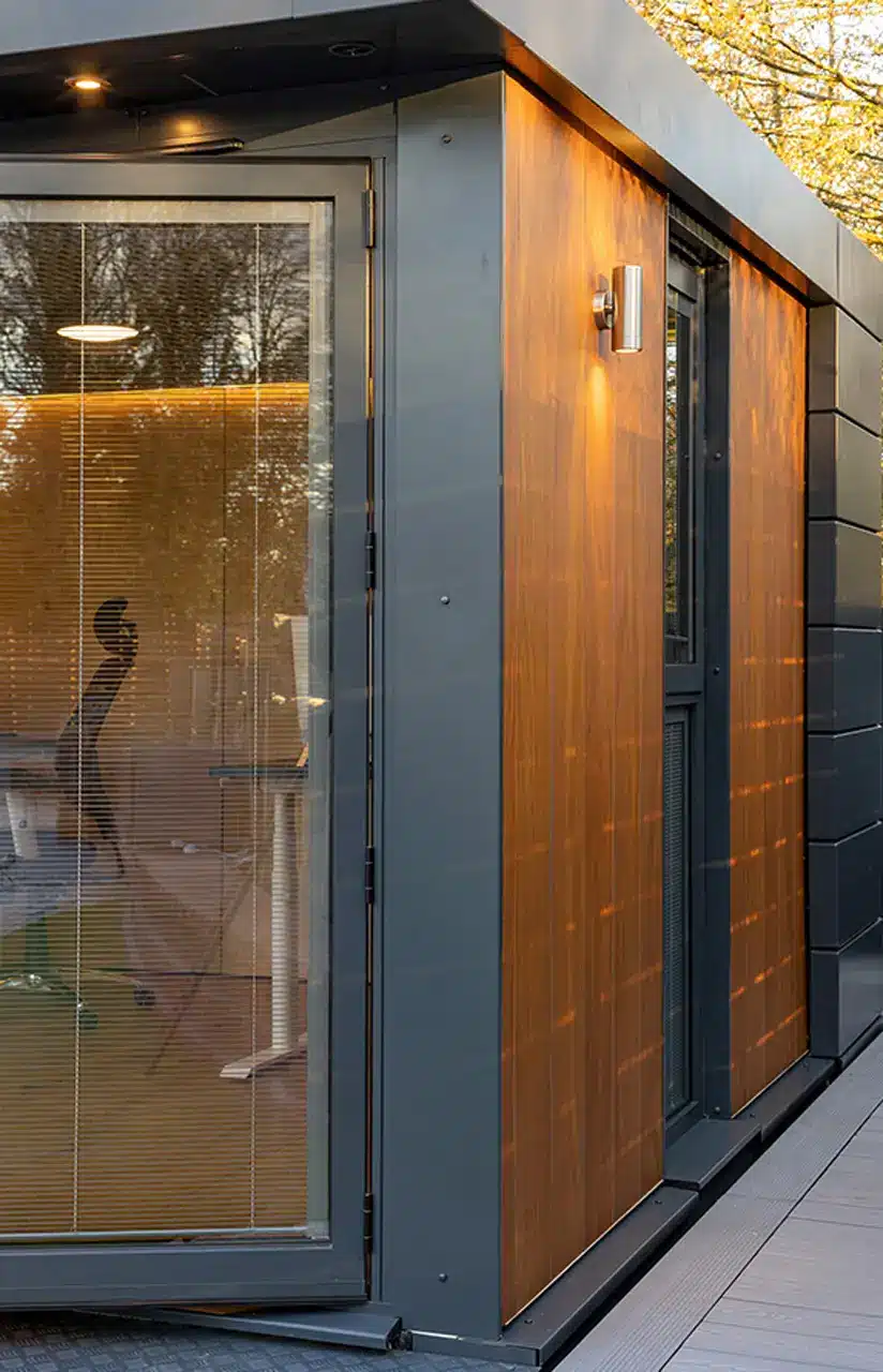 A garden room with exterior lighting