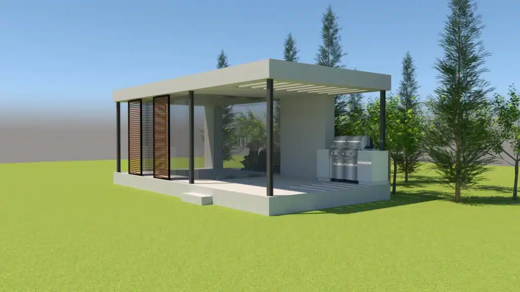 3D garden building with a patio and a BBQ